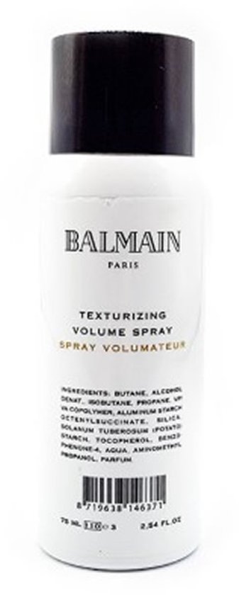 Balmain Paris Texturizing Volume Spray in witte fles met zwarte dop. Tekst op de fles: BALMAIN PARIS TEXTURIZING VOLUME SPRAY.