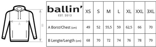 Maattabel voor een donkerblauwe hoodie, met afmetingen voor borst (A) en lengte (B) in cm, en maten XS tot 3XL.