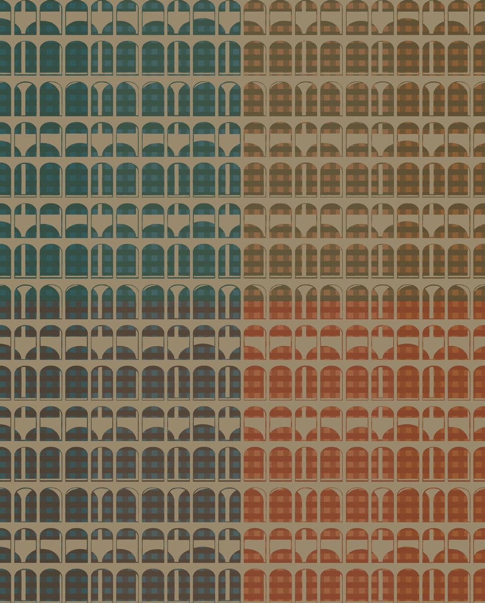Grafisch behang Profhome VD219158-DI vliesbehang hardvinyl warmdruk in reliëf gestempeld met grafisch patroon en metalen accenten groen blauw oranje goud 5,33 m2