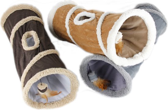 Drie katten tunnels: bruin, bruin/beige en grijs, met teddy voering en speeltjes