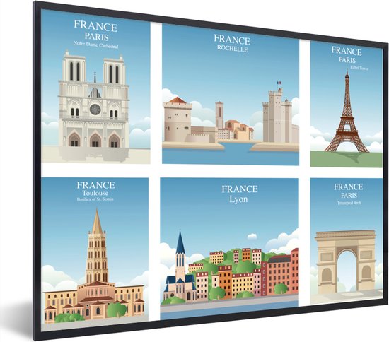 Image encadrée - Une illustration de six attractions de Paris cadre photo 80x60 cm - Affiche encadrée (Décoration murale salon / chambre)