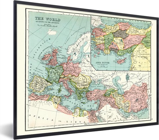 Foto in lijst - Antieke kaart van de wereld fotolijst zwart zonder passe  partout 40x30... | bol.com