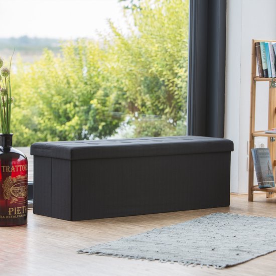 relaxdays Banc pliable + rangement - Banc en lin - Banc gris ou marron - 114x38x38 cm noir