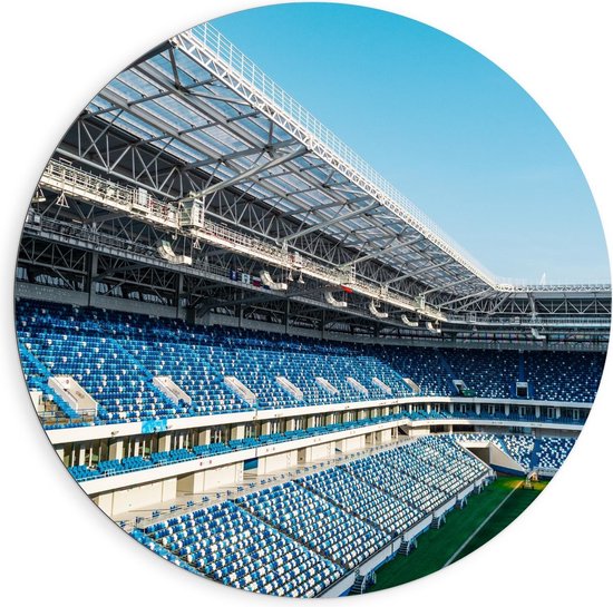 Dibond Wandcirkel - Blauw/Witte Tribune in Stadion - 90x90cm Foto op Aluminium Wandcirkel (met ophangsysteem)