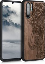 kwmobile telefoonhoesje compatibel met Huawei P30 Pro - Hoesje met bumper in donkerbruin - walnoothout - Olifantenprint design