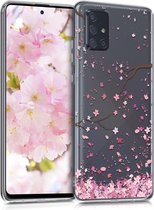 kwmobile telefoonhoesje geschikt voor Samsung Galaxy A71 - Hoesje voor smartphone in poederroze / donkerbruin / transparant - Kersenbloesembladeren design