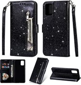 Samsung Galaxy M51 Glitter Bookcase met rits - hoesje - portemonneehoesje - Zwart