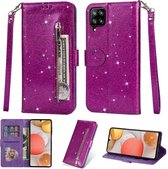 Samsung Galaxy A42 Glitter Bookcase met rits - hoesje - portemonneehoesje - Paars