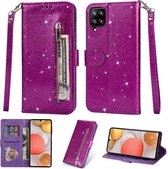 Bookcase Geschikt voor: Samsung Galaxy A42 Glitter met rits - hoesje - portemonnee hoesje - Paars