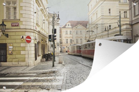 Muurdecoratie Praag - Tram - Rood - 180x120 cm - Tuinposter - Tuindoek - Buitenposter