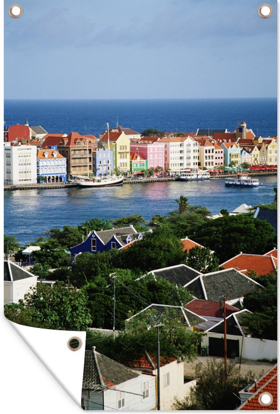 Tuinposter - Tuindoek - Tuinposters buiten - Uitzicht op de huizen van Willemstad in Curaçao - 80x120 cm - Tuin