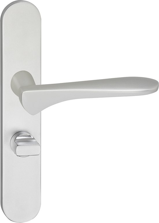 Zilverkleurige deurkruk met toiletluiting op een ovaal schild, mat geborsteld.