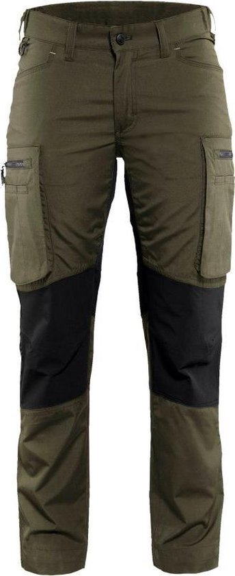 Pantalon de travail pour femme Blaklader vert avec accents noirs sur le bas des jambes et poches cargo.