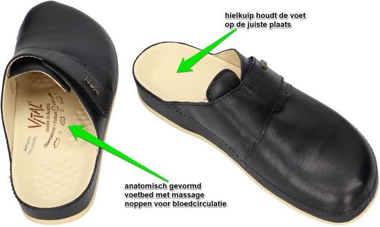 Zwarte leren Vital slipper met aanwijzingen voor het anatomisch gevormde voetbed met massage noppen en de hielkuip die de voet op de juiste plaats houdt.