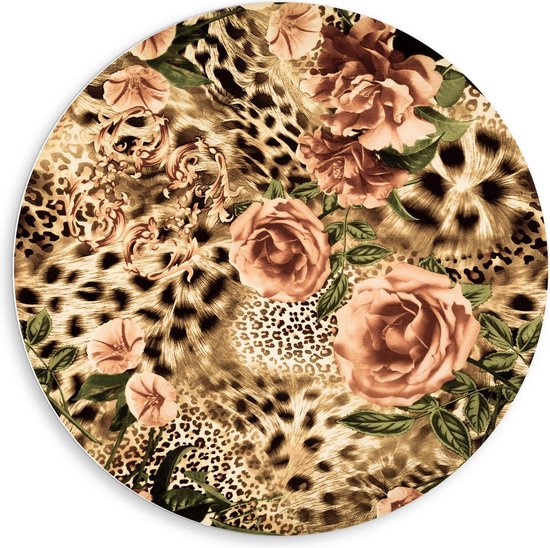 Forex Wandcirkel - Panterprint met Bloemen - 80x80cm Foto op Wandcirkel (met ophangsysteem)