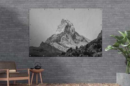 Muurdecoratie De Matterhorn in Zwitserland bij zonsopkomst - zwart wit - 180x120 cm - Tuinposter - Tuindoek - Buitenposter