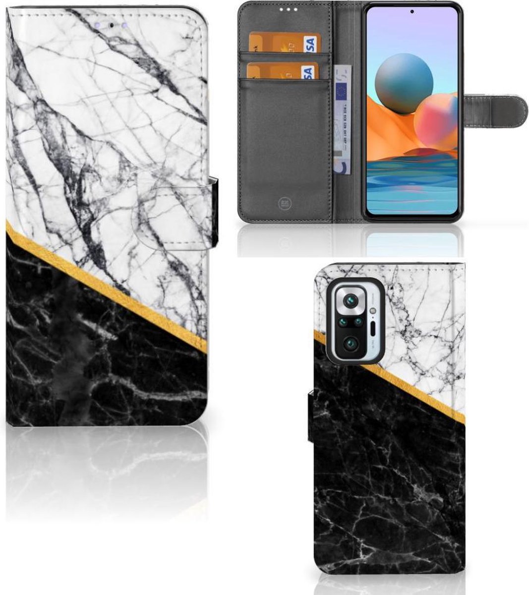 Xiaomi Redmi Note 10 Pro Bookcase Marmer Wit Zwart - Origineel Cadeau Man