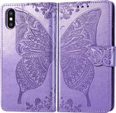 Butterfly Love Flowers Embossing Horizontale Flip Leather Case voor iPhone XS Max, met houder & kaartsleuven & portemonnee & lanyard (lichtpaars)