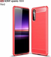 Voor Sony Xperia 10 II Brushed Texture Carbon TPU Case (Rood)
