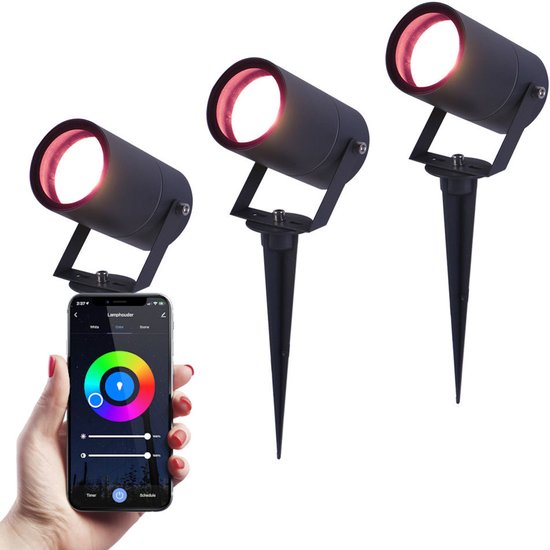 3x Hoftronic Smart - Spikey tuinspot voor buiten - LED - Antraciet - Besturing via app - WiFi - Bluetooth - Dimbaar - Waterdicht - Slimme verlichting - 5.5 Watt - 400 lumen - 230V - RGBWW - Verwisselbare GU10 - Voor alle smart assistenten