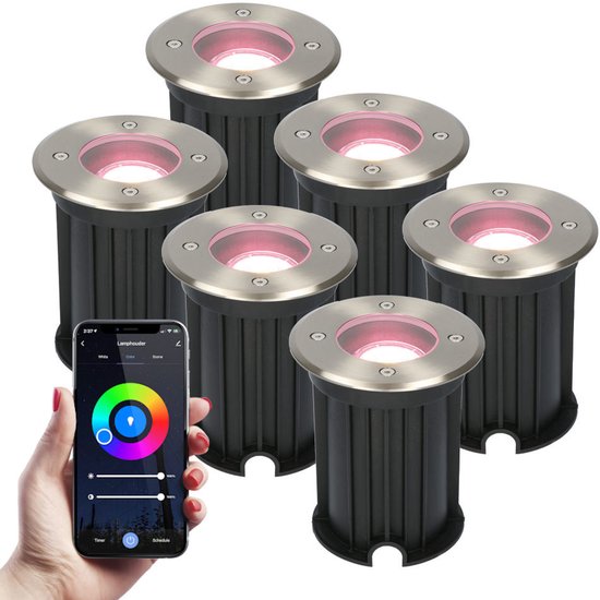 HOFTRONIC SMART 6x Smart WiFi LED Grondspot - Maisy - Rond - RVS 5.5W - RGBWW - IP67 straal waterdicht - 3 jaar garantie