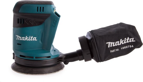 Turquoise Makita schuurmachine met zwarte stofzak.