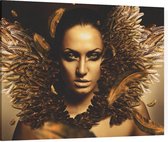 Vrouw met gouden veren - Foto op Canvas - 100 x 75 cm