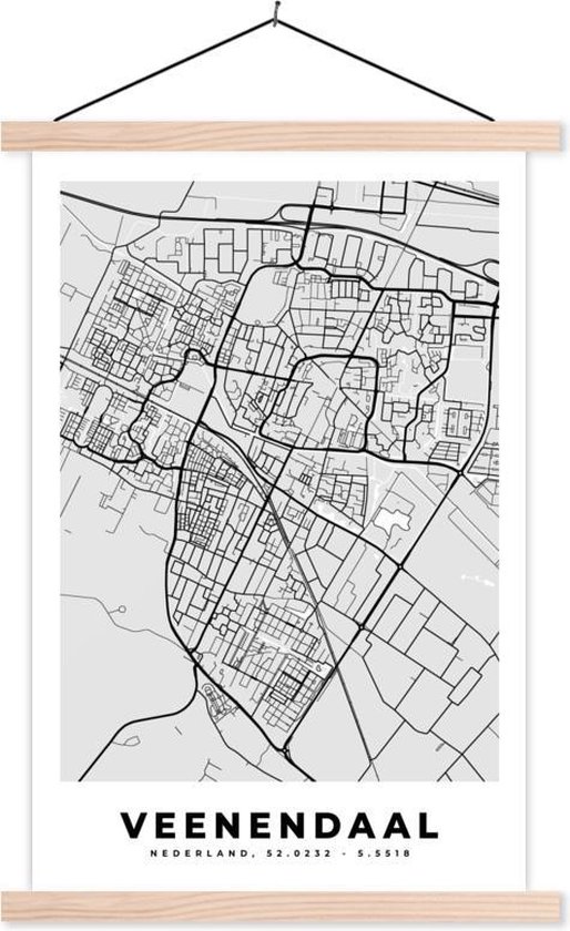 Posterhanger incl. Poster 60x90 cm - Schoolplaat - Stadskaart - Veenendaal - Grijs - Wit - Textielposter - Blanke latten
