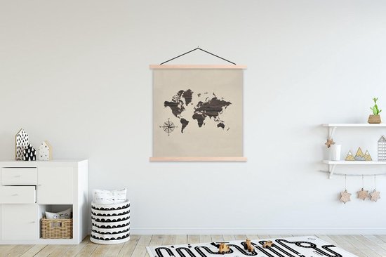 Affiche scolaire - Wereldkaart - Bois - Boussole - 120x120 cm - Lattes vierges
