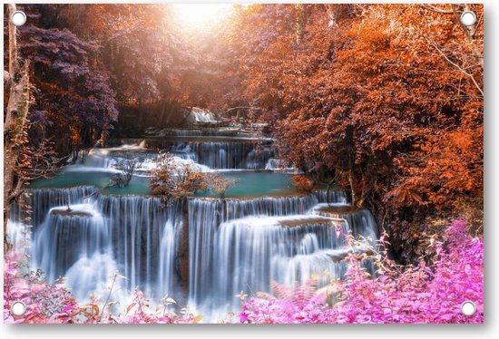 Prachtige waterval in natuur landschap van kleurrijke diepe bossen op een zomerdag - Tuinposter 90x60 - Wanddecoratie - Landschap - Natuur