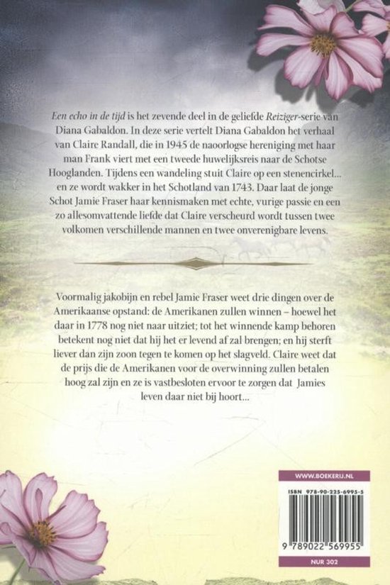 Achterkant van een boek met tekst over de serie 'Reiziger'.
