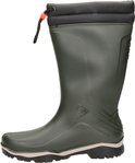 Groene Dunlop regenlaars met zwarte gewatteerde kraag en koordsluiting.