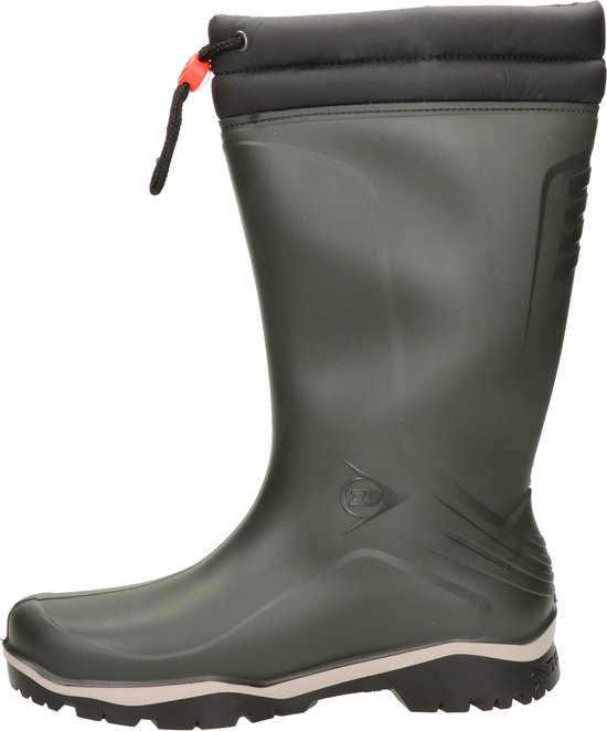 Groene Dunlop regenlaars met zwarte gewatteerde kraag en koordsluiting.