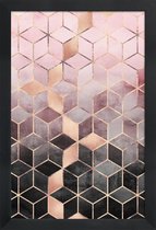 JUNIQE - Poster met houten lijst Pink Grey Gradient Cubes -13x18