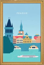 JUNIQE - Poster met houten lijst Retro Praag -30x45 /Blauw & Turkoois