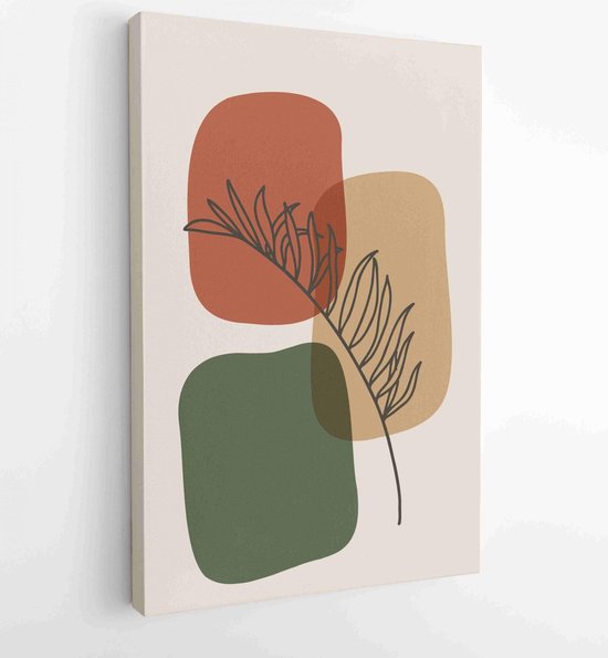 Botanical wall art vector set. Earth tone boho foliage line art drawing ...