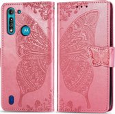 Motorola Moto G8 Power Lite Hoesje - Mobigear - Butterfly Serie - Kunstlederen Bookcase - Roze - Hoesje Geschikt Voor Motorola Moto G8 Power Lite