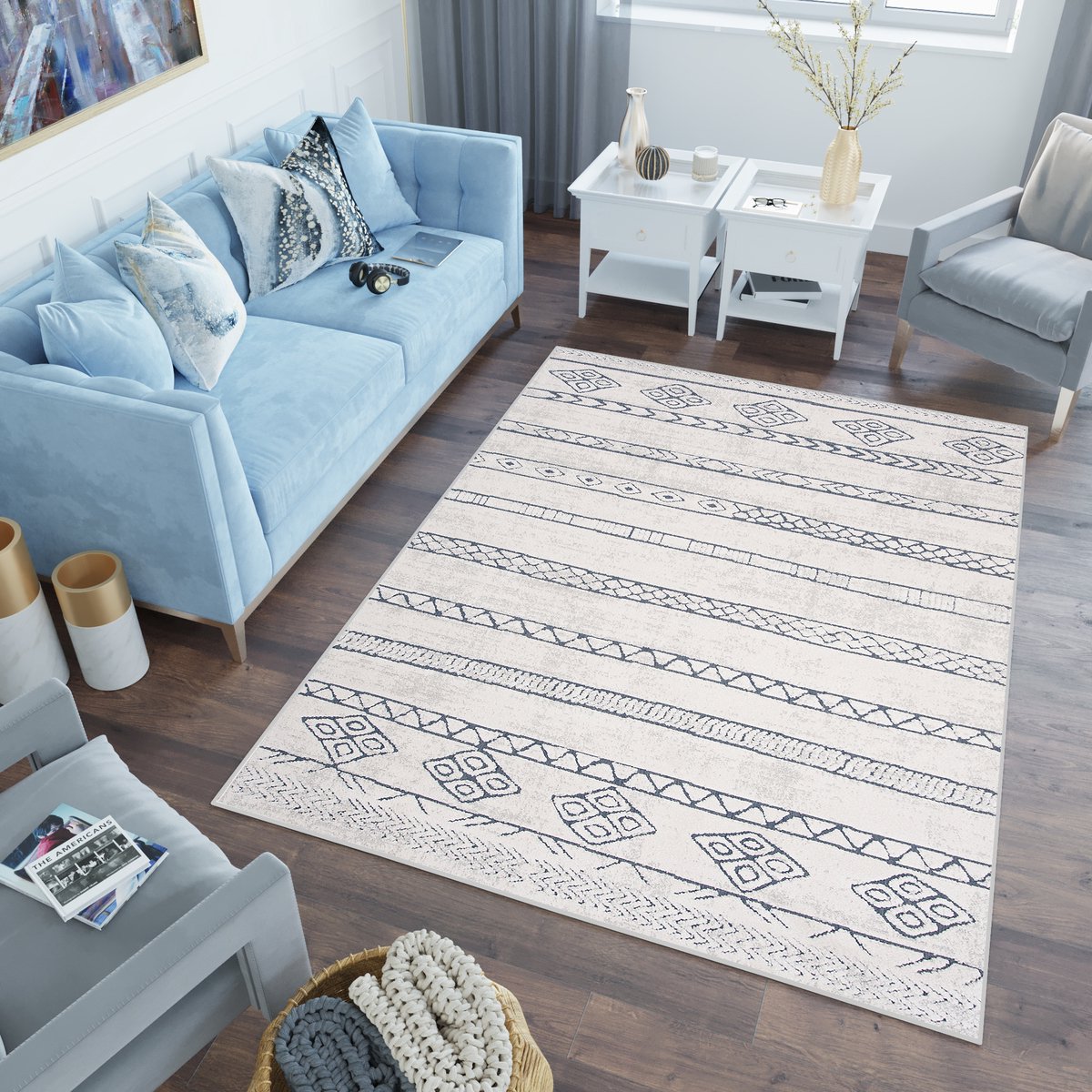 Tapiso Lotus Vloerkleed Beige Blauw Boho Woonkamer Laagpolig Tapijt Maat- 160x220 Beige Blauw 2