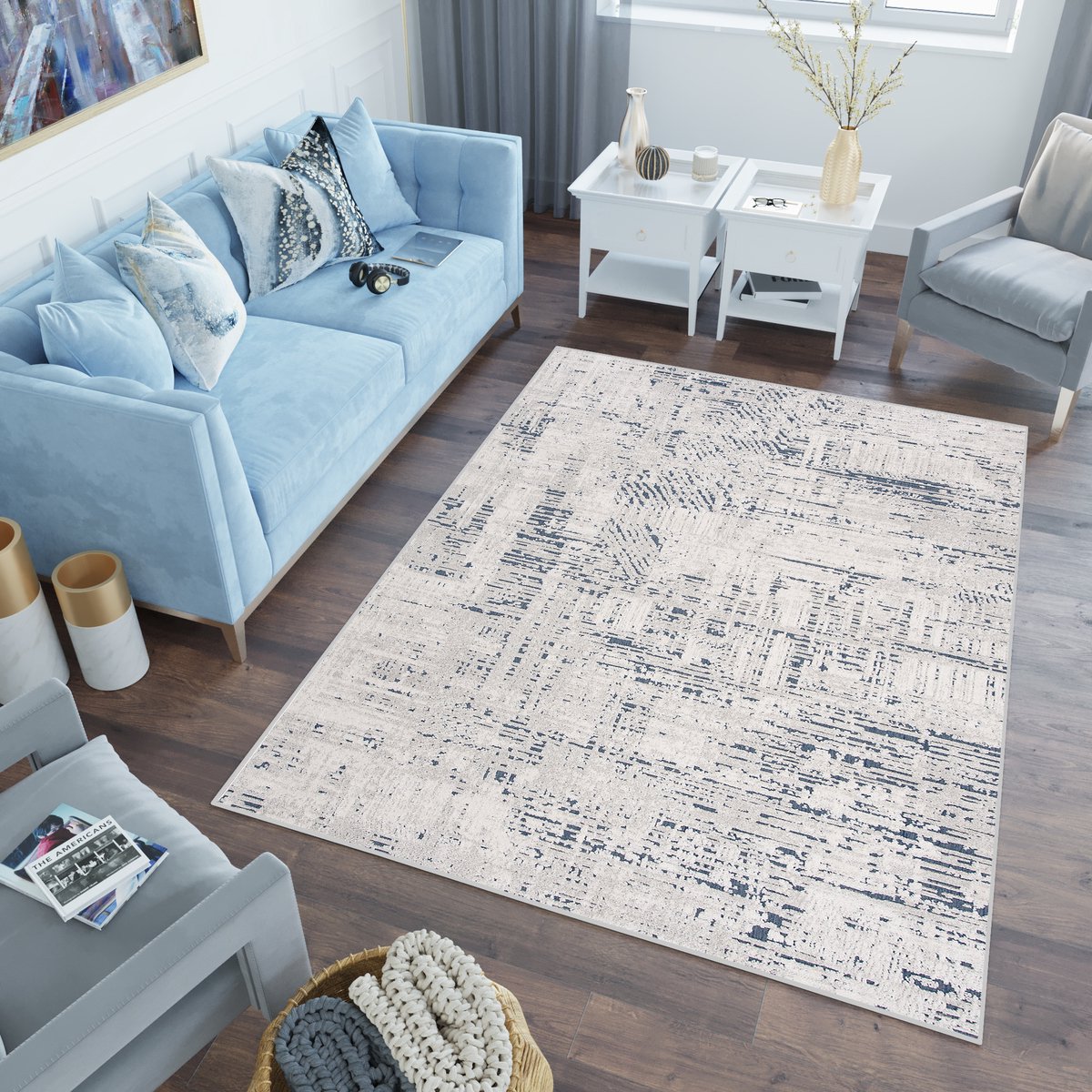 Tapiso Lotus Vloerkleed Blauw Marineblauw Laagpolig Woonkamer Tapijt Maat- 160x220