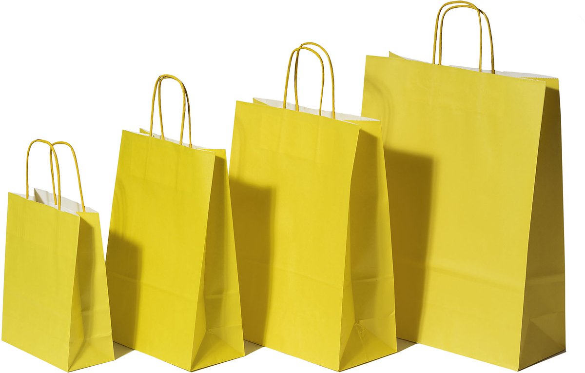 Draagtassen Papier Geel 32+12x41cm Kraft Papier 100 grams (50 stuks)
