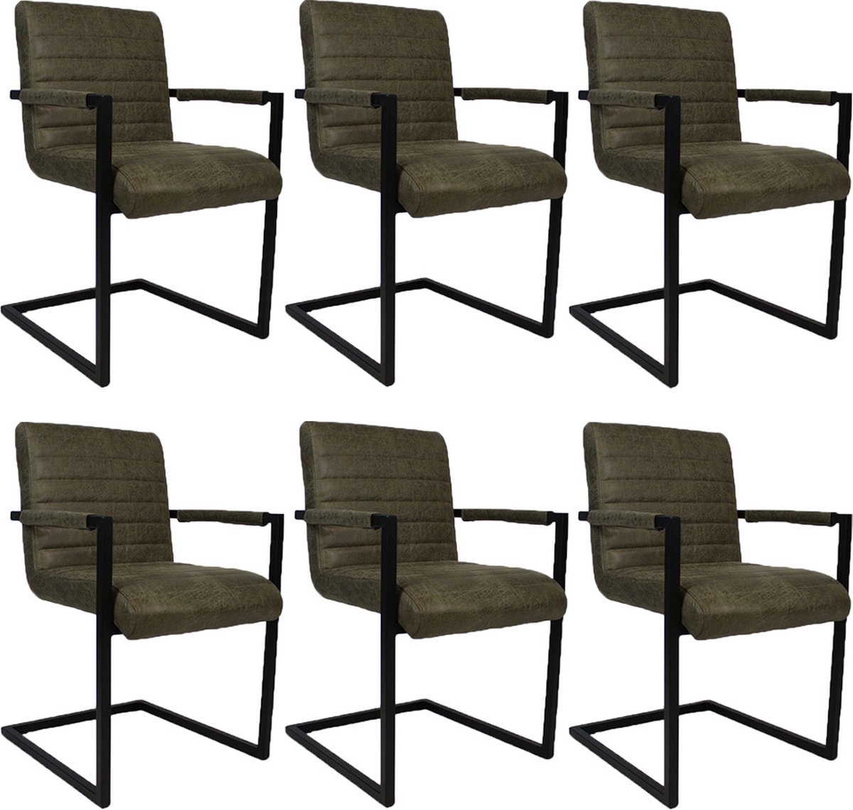 Bronx71® Industriële eetkamerstoel Block olijfgroen ecoleer - Eetkamerstoelen set van 6 - stoel