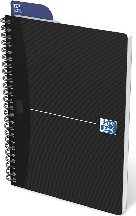 Zwart Oxford A5 spiraalblok, zijkant met gestreepte textuur, 'Office Book' logo.
