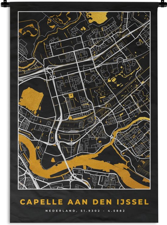Tapisserie - Toile murale - Plan de la ville - Capelle aan den IJssel - Or - Zwart - 60x90 cm - Tapisserie - Carte