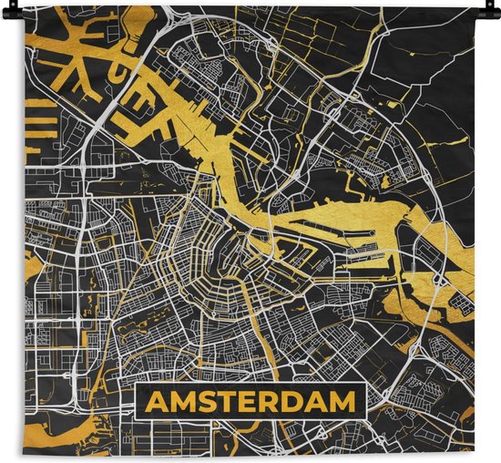 Wandkleed - Wanddoek - Stadskaart - Amsterdam - Goud - Zwart - 150x150 cm - Wandtapijt - Plattegrond