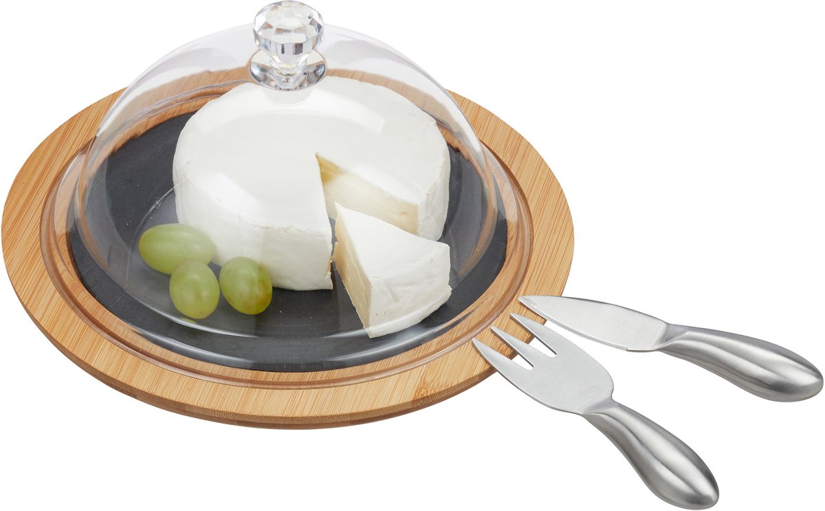 serveerplank met kaasstolp 19 cm - kaasbestek - bamboe kaasplank - natuur - glas