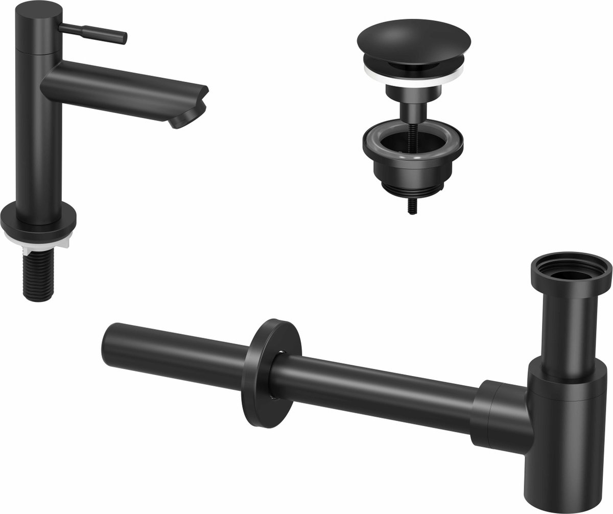INK 1A Fonteinkraanset - staande Fonteinkraan - laag - always open - plug en designSifon - zwart mat