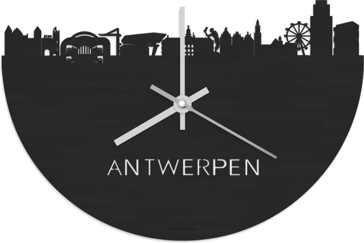 Skyline Klok Antwerpen Zwart hout - Ø 40 cm - Stil uurwerk - Wanddecoratie - Meer steden beschikbaar - Woonkamer idee - Woondecoratie - City Art - Steden kunst - Cadeau voor hem - Cadeau voor haar - Jubileum - Trouwerij - Housewarming -