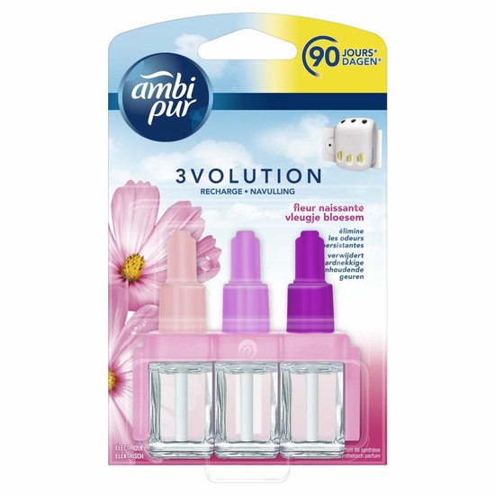 Ambi Pur 3Volution navulling Fleur Naissante met 3 roze, paarse en lila inserts. Verpakking met bloemen.