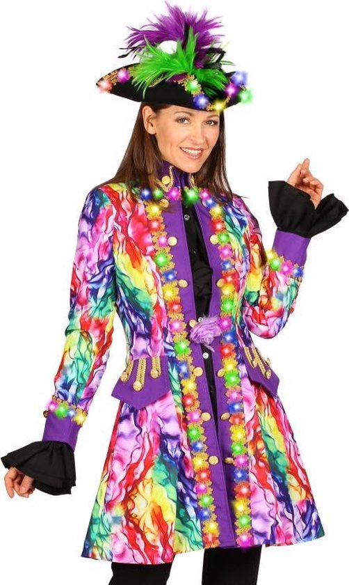 Luxe dames carnavalsjas lang model color rain met LED verlichting bol