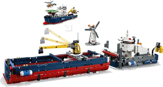 LEGO-set met onderzoeksboot, kraan, helikopter, onderzeeër en windturbine.